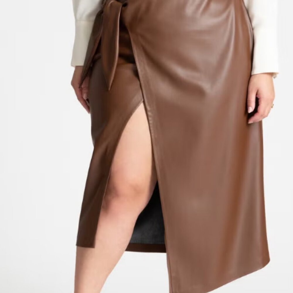 ELOQUII Wrap Front Faux Leather Midi Skirt 22W